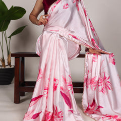 Light Pink Color Floral Print With Peral Lace Border Satin Silk Saree