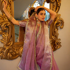 Light Pink Color Zari Weaving Work With Sequins Border Tissue Shimmer Saree