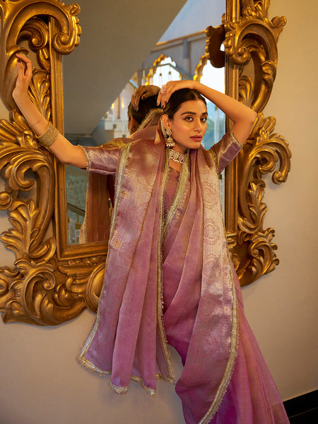 Light Pink Color Zari Weaving Work With Sequins Border Tissue Shimmer Saree