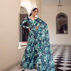 Navy Blue Color Floral Printed With Peral Lace Border Weightless Marbal Saree