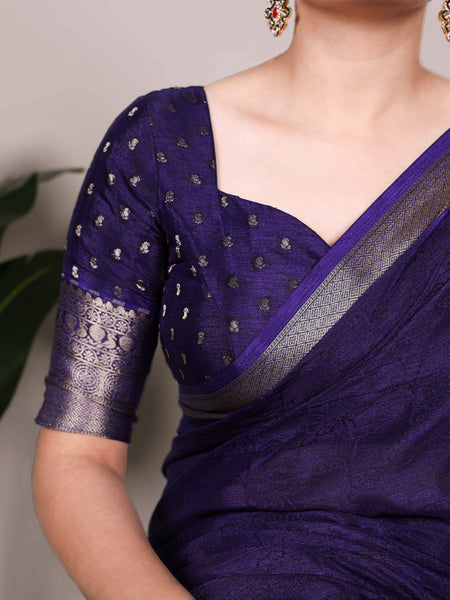 Navy Blue Color Self Printed With Zari Weaving Work Chinon Saree