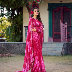 Pink Color Floral Printed Pearl Lace Border Chiffon Saree