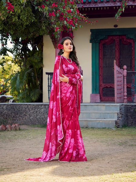 Pink Color Floral Printed Pearl Lace Border Chiffon Saree