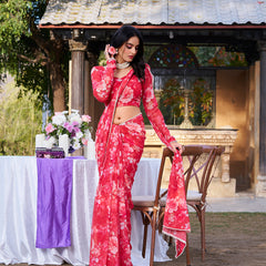 Red Color Printed With Peral Lace Border Weightless Marbal