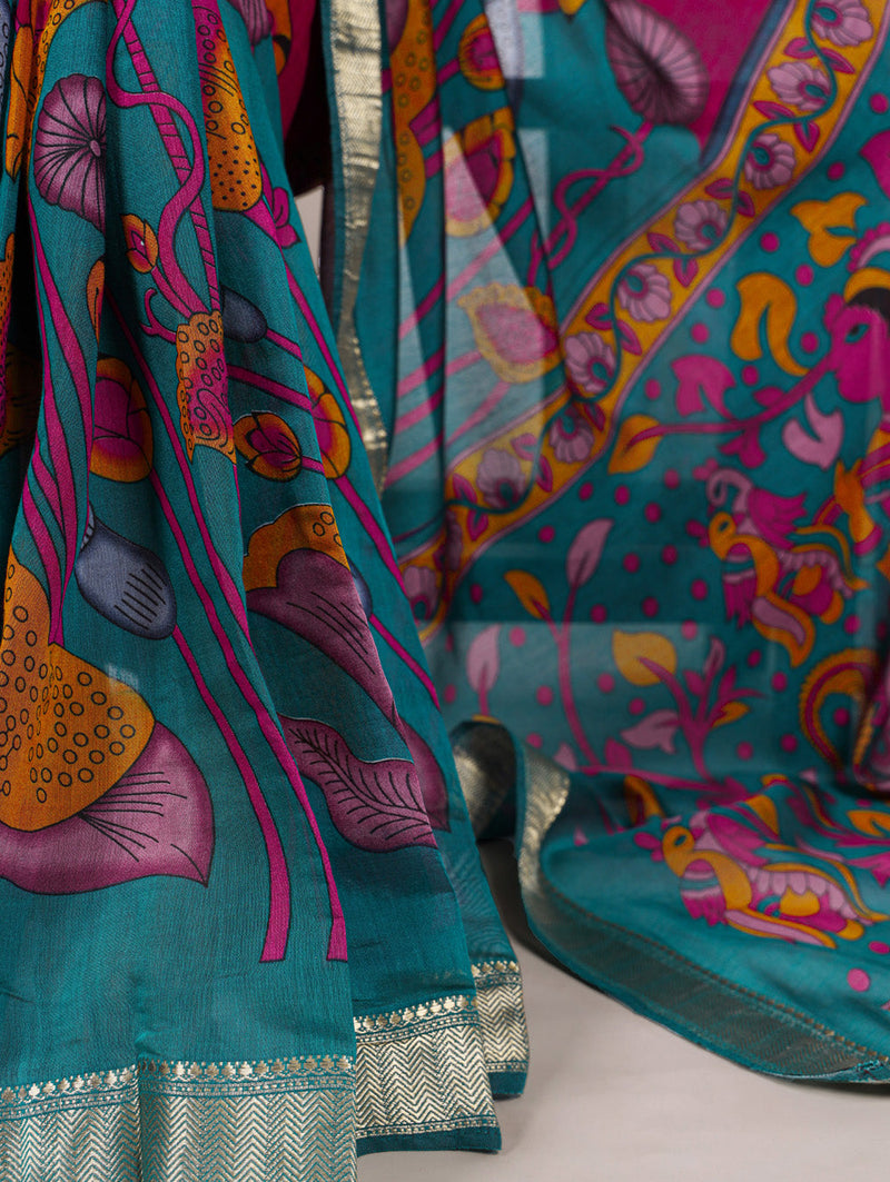 Pink Color Tradition Floral Printed With Zari Weaving Work Viscose Chanderi Saree