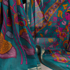 Teal Color Tradition Floral Printed With Zari Weaving Work Viscose Chanderi Saree