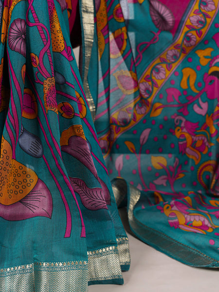Teal Color Tradition Floral Printed With Zari Weaving Work Viscose Chanderi Saree