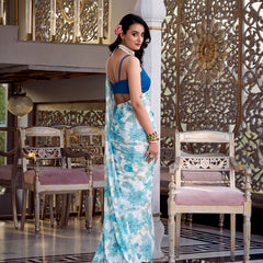 Sky Blue Color Floral Print With Peral Lace Border Weightless Marbal Saree