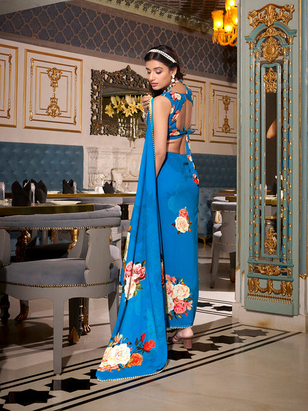 Firozi Color Printed With Peral Lace Border Georgette Stylist Saree