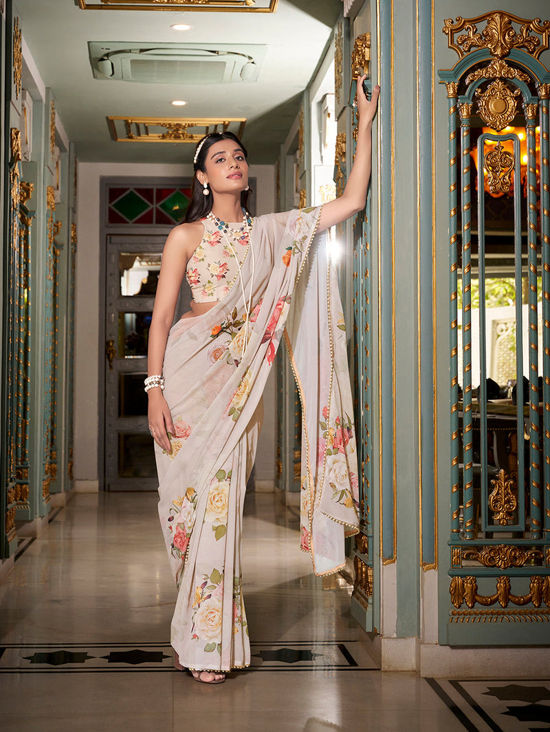 Off White Color Printed With Pearl Lace Border Georgette Saree