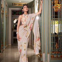 Off White Color Printed With Pearl Lace Border Georgette Saree