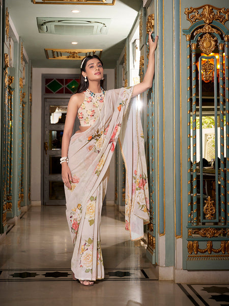 Off White Color Printed With Pearl Lace Border Georgette Saree