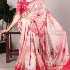 Peach Color Tussar Silk With Viscos Border Floral Printed Saree