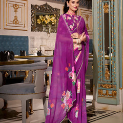 Purple Color Printed With Peral Lace Border Georgette Fancy Saree