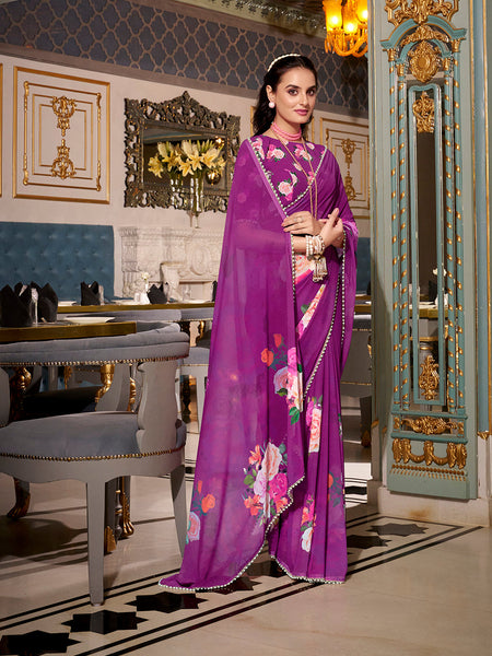 Purple Color Printed With Peral Lace Border Georgette Fancy Saree