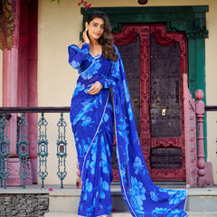 Blue Color Floral Printed Pearl Lace Border Chiffon Saree