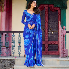 Blue Color Floral Printed Pearl Lace Border Chiffon Saree