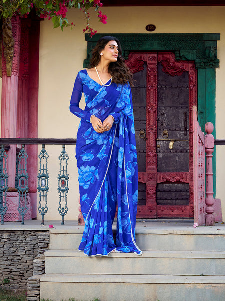 Blue Color Floral Printed Pearl Lace Border Chiffon Saree