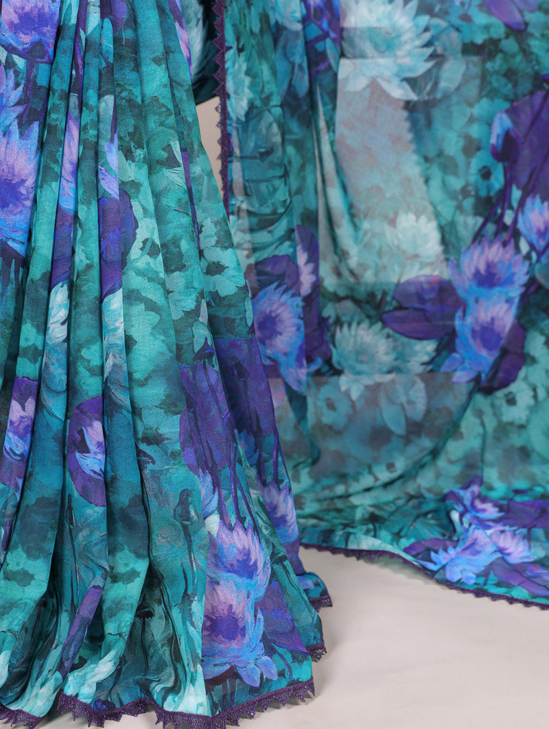 Firozi Color Floral Printed With Lace Border Weightless Marbal Saree