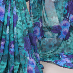 Firozi Color Floral Printed With Lace Border Weightless Marbal Saree