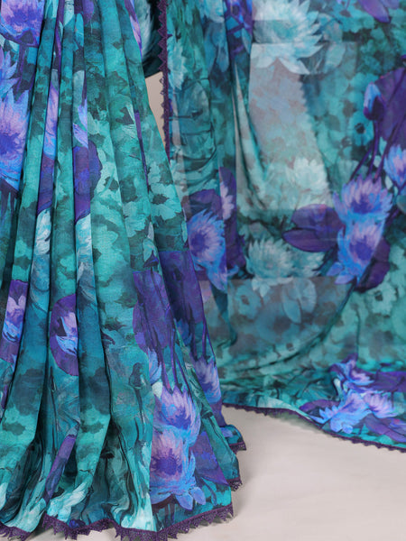 Firozi Color Floral Printed With Lace Border Weightless Marbal Saree