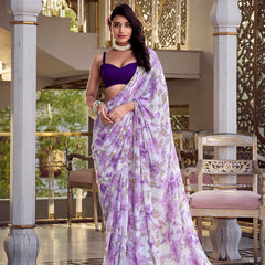 Lavender Color Floral Print With Peral Lace Border Weightless Marbal Saree