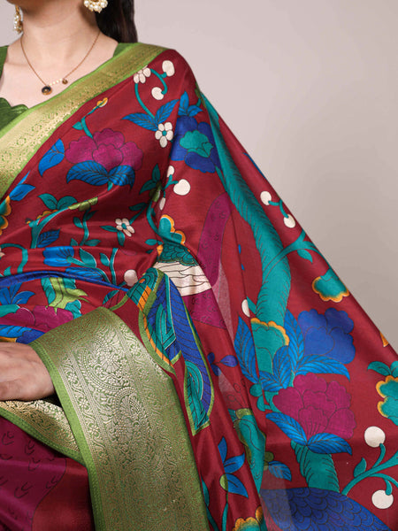 Maroon Color Printed With Zari Weaving Work Tussar Silk Saree