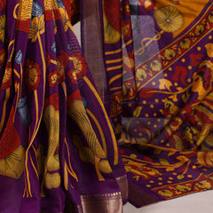 Mustard Color Tradition Floral Printed With Zari Weaving Work Viscose Chanderi Saree