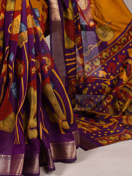 Mustard Color Tradition Floral Printed With Zari Weaving Work Viscose Chanderi Saree