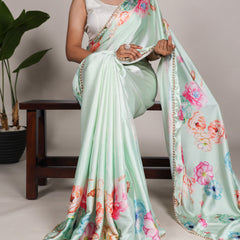 Pista Color Floral Print With Peral Lace Border Satin Silk Indian Saree
