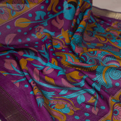 Teal Color Tradition Floral Printed With Zari Weaving Work Viscose Chanderi Saree