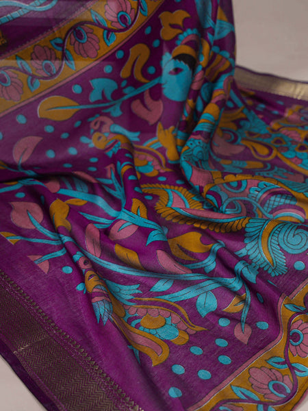 Teal Color Tradition Floral Printed With Zari Weaving Work Viscose Chanderi Saree