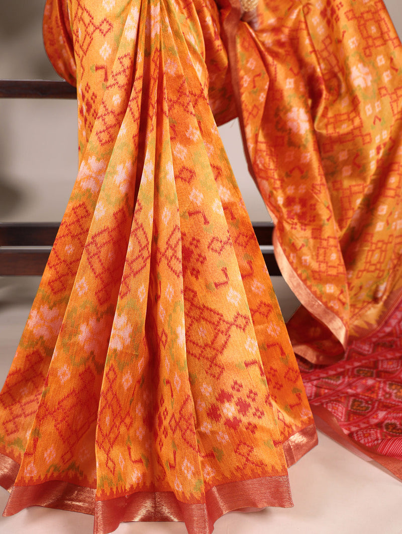 Orange Color Patola Print With Zari Weaving Work Jacquard Silk Saree