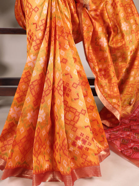 Orange Color Patola Print With Zari Weaving Work Jacquard Silk Saree