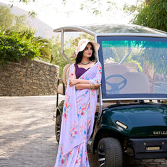 Lavender Color Floral Printed And Pearl Lace Border Weightless Marbal Saree
