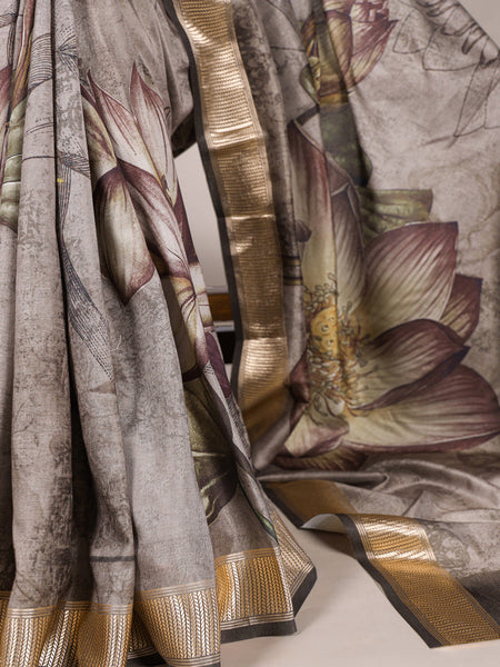Mehandi Color Printed Tussar Silk With Viscose Border Saree