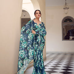 Navy Blue Color Floral Printed With Peral Lace Border Weightless Marbal Saree