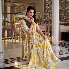 Yellow Color Floral Print With Peral Lace Border Weightless Marbal Saree
