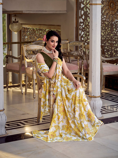 Yellow Color Floral Print With Peral Lace Border Weightless Marbal Saree