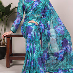 Firozi Color Floral Printed With Lace Border Weightless Marbal Saree