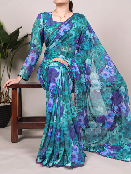 Firozi Color Floral Printed With Lace Border Weightless Marbal Saree