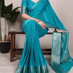 Firozi Color Self Printed With Zari Weaving Work Chinon Saree