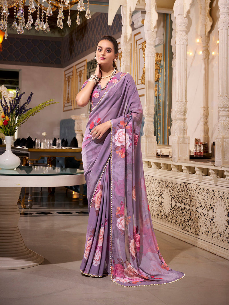 Grey Color Printed With Pearl Lace Border Georgette Saree