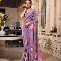 Grey Color Printed With Pearl Lace Border Georgette Saree