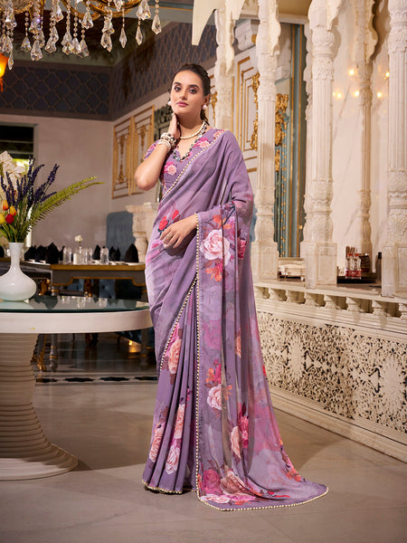 Grey Color Printed With Pearl Lace Border Georgette Saree
