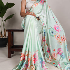 Pista Color Floral Print With Peral Lace Border Satin Silk Indian Saree
