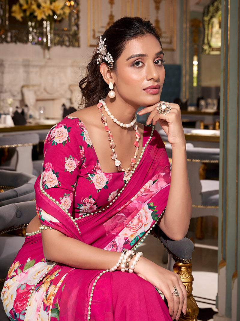 Pink Color Printed With Peral Lace Border Georgette Trending Saree