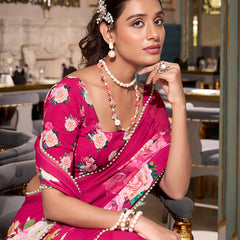 Pink Color Printed With Peral Lace Border Georgette Trending Saree