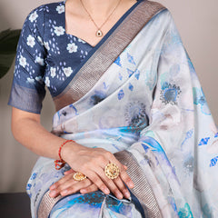 Sky Blue  Color Tussar Silk With Viscos Border Floral Printed Saree
