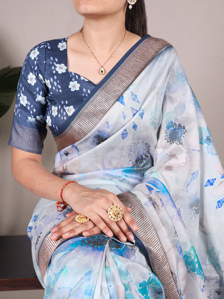 Sky Blue  Color Tussar Silk With Viscos Border Floral Printed Saree